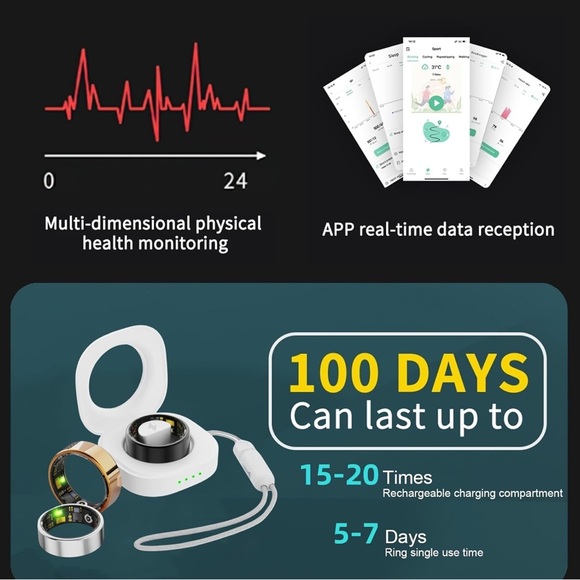 SmartHealth Unisex Smart Ring w/Charging Case, Silver Size 7/Black Size 9; NIB - Picture 13 of 16